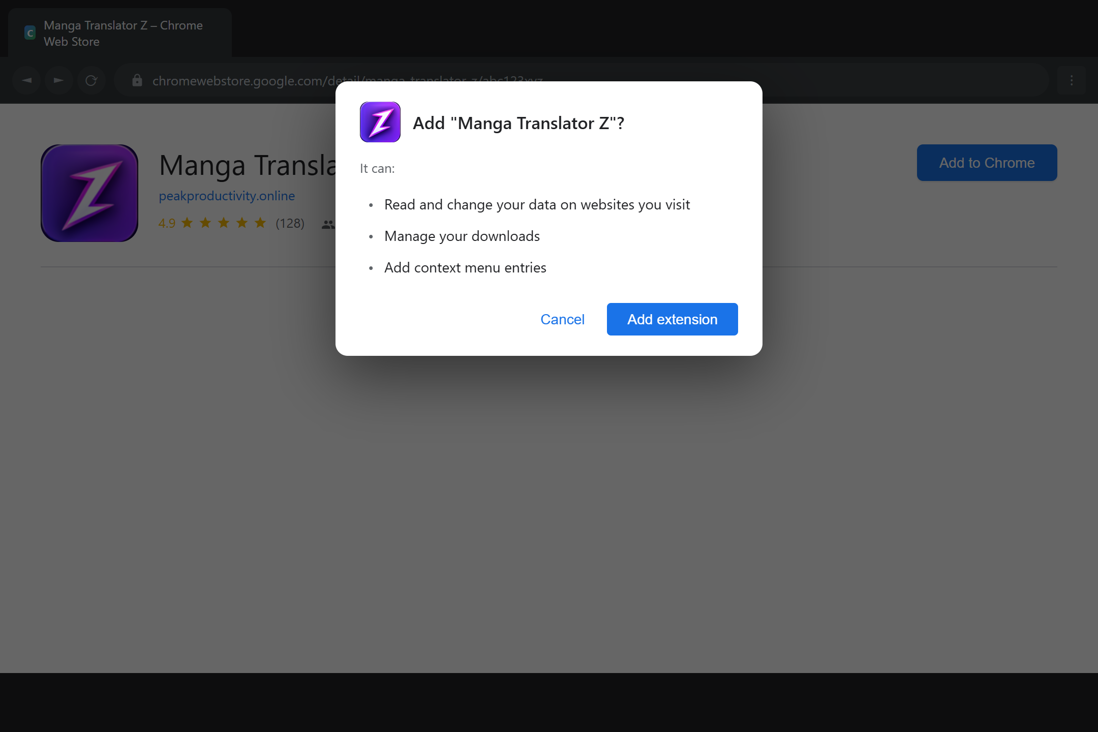 Chrome Web Store install dialog