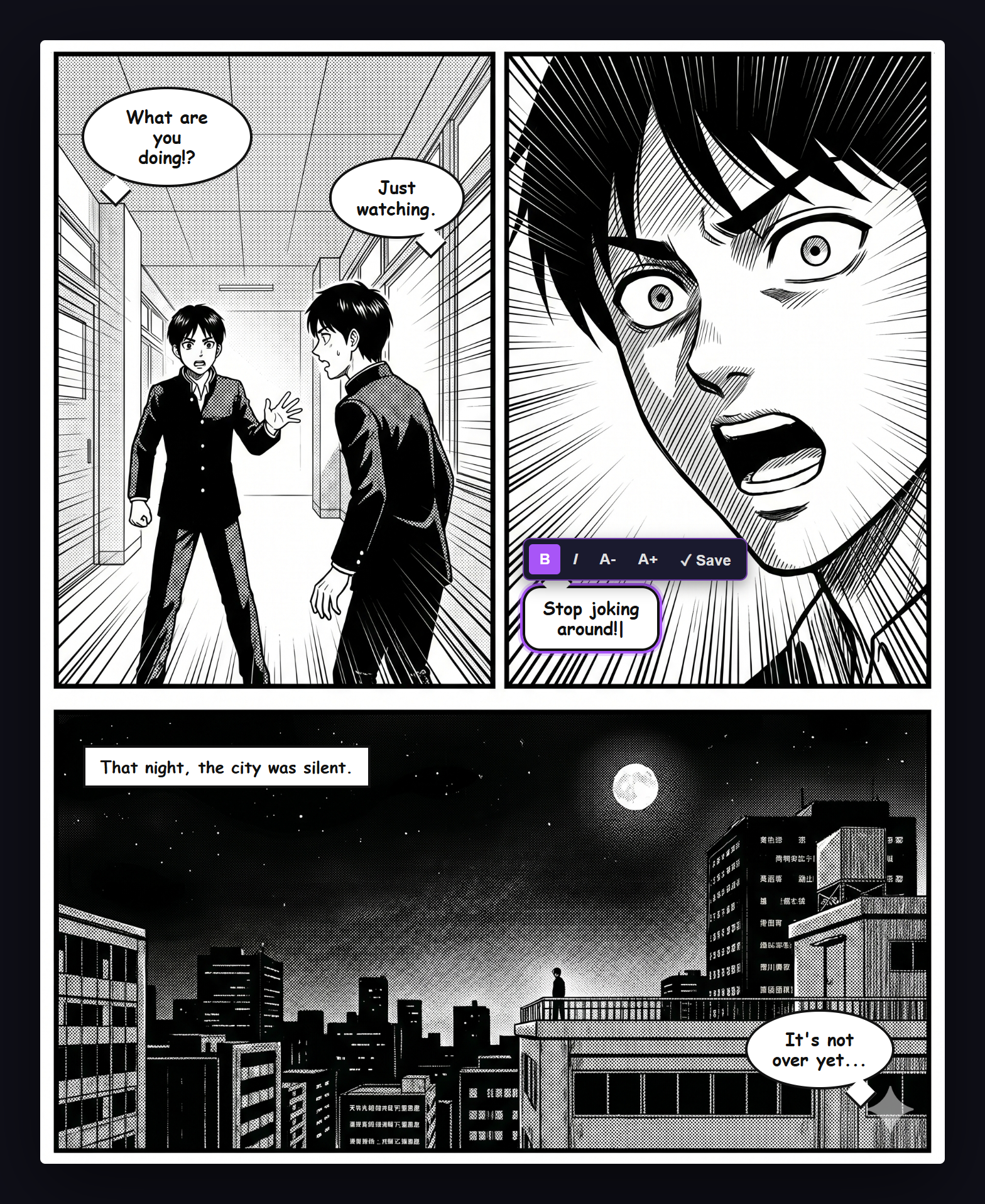 Inline text editor overlay on a translated bubble