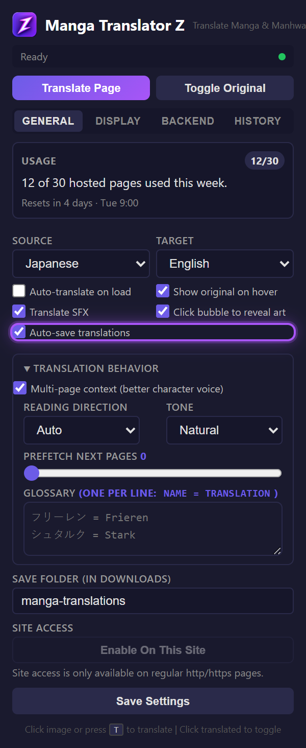 Auto-save toggle and folder name field in the General tab