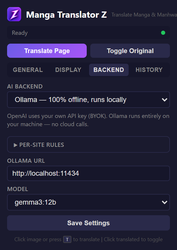 Backend tab with Ollama selected and model dropdown