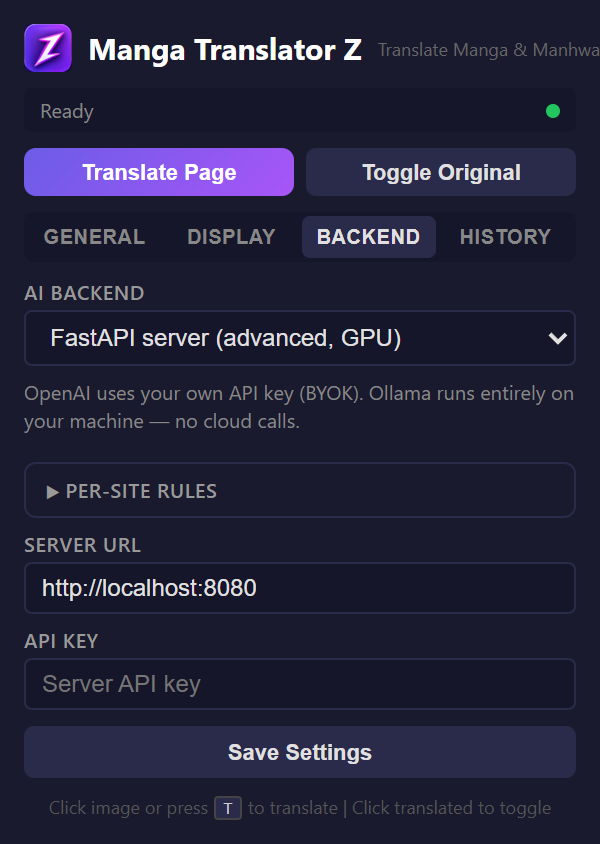 Backend tab of the extension popup showing backend selector and settings