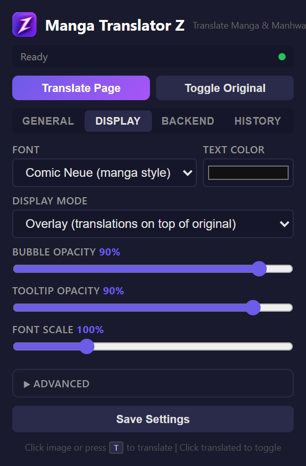 Display tab of the extension popup showing font, color, and display settings
