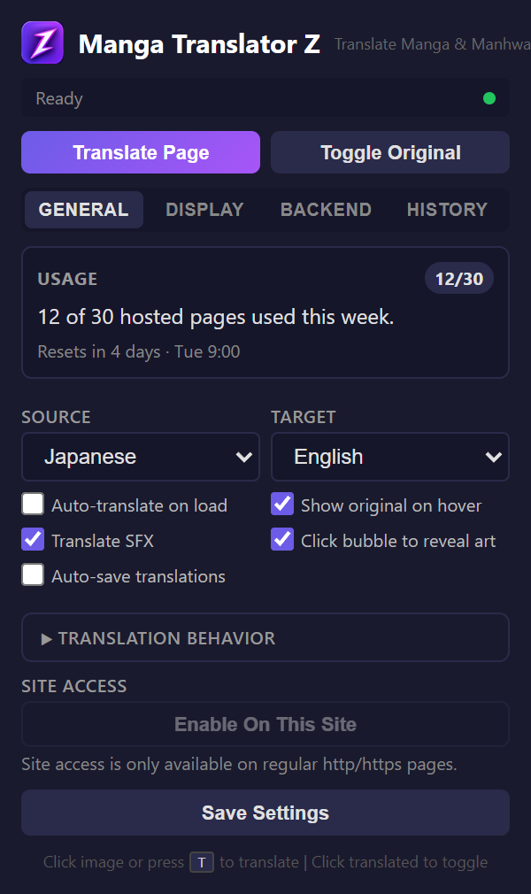 General tab of the extension popup showing all settings