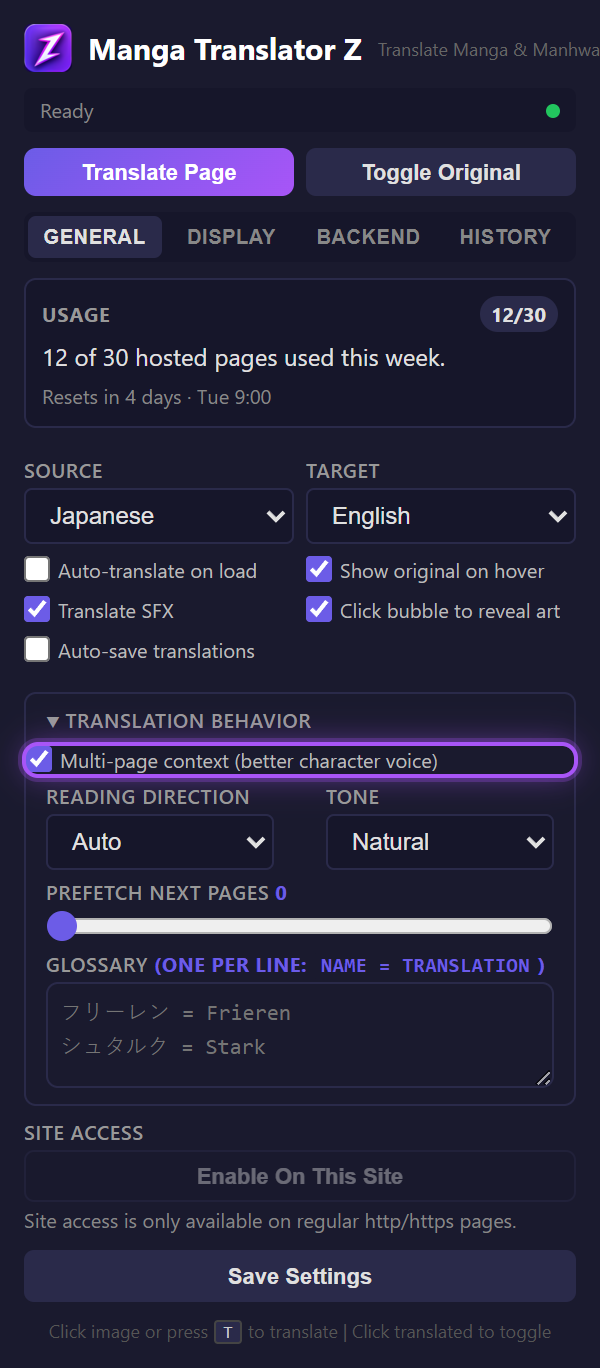 Multi-page context toggle in the General tab Advanced section